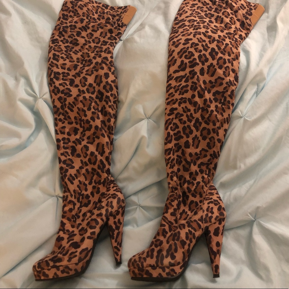 Thigh high leopard print boots